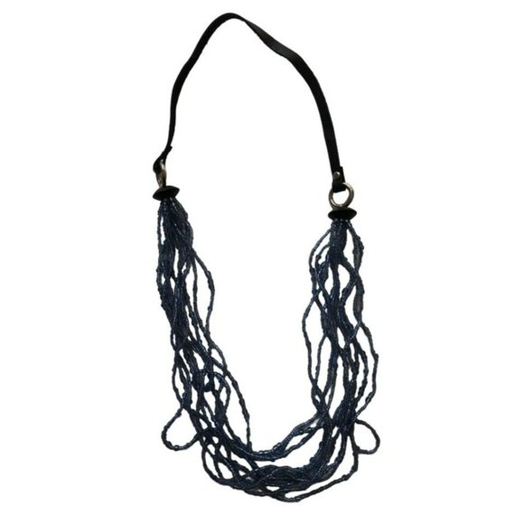 Unbranded Jewelry - Lariat Necklace 32 inches Long Black Fabric Light Blue Beads